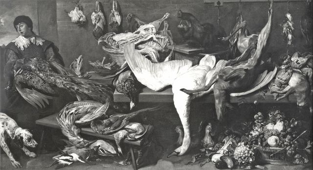 Anonimo — Snyders Frans - sec. XVII - Natura morta con selvaggina, frutta, ortaggi e figura maschile — insieme